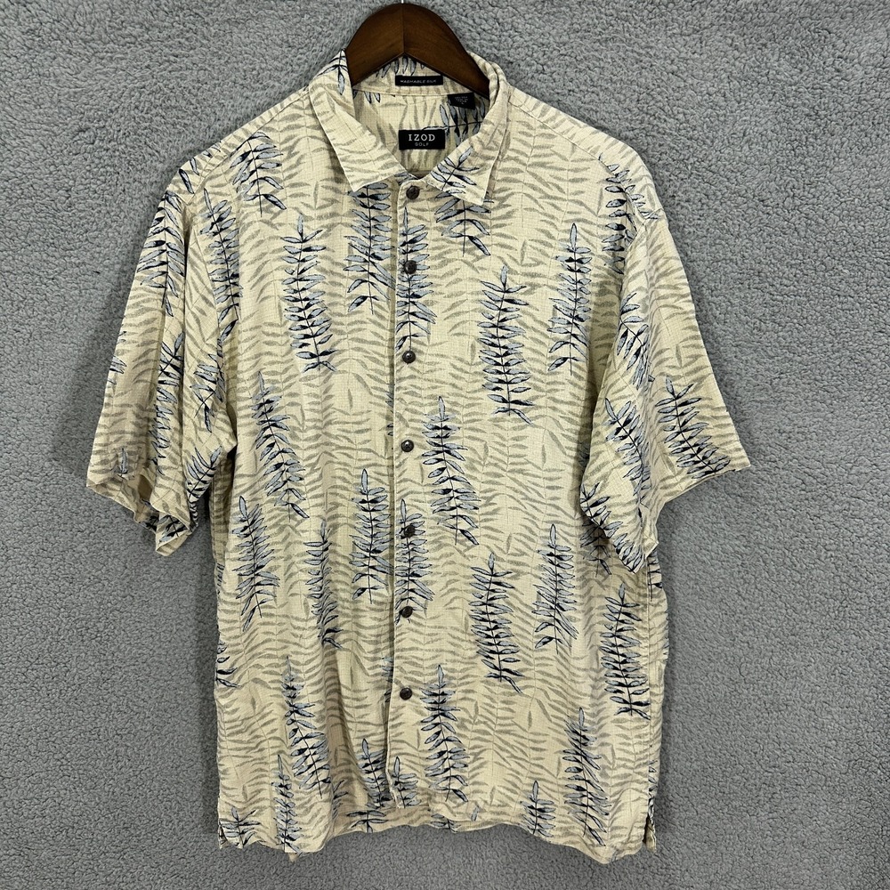 Izod Golf Shirt Men L Beige Blue Tropical Leaf Button Front Short Sleeve Silk